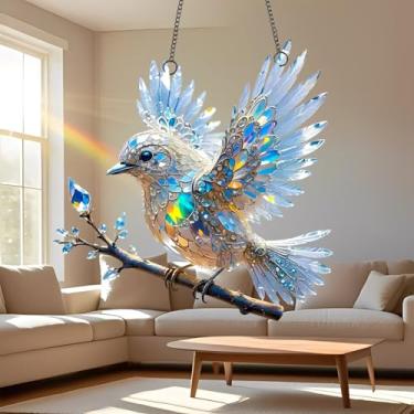 Imagem de 1 Pássaro cristal acrílico Suncatcher pendurado, enfeite de janela de 18 cm com design de estilo vitral impresso, arte de parede Rainbow Maker, ideia de presente e ornamento de jardim, uso interno e
