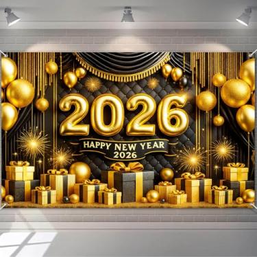 Imagem de HOMETITUTE Banner de Ano Novo 188 x 109 cm 2026 decoração de parede de festa com balões dourados e pretos com presentes de fogos de artifício e elementos brilhantes para fundo de cabine de fotos de
