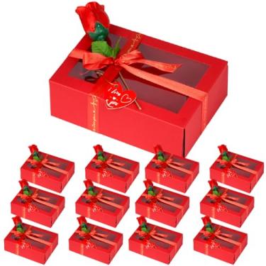 Imagem de TIMBLESSING Conjunto de 12 caixas de presente de dia dos namorados com janela transparente, caixa de presente vermelha inclui fita de amor, etiqueta de coração e rosa sintética, pré-dobrada, pronta