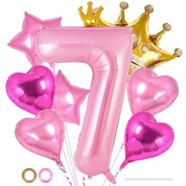Imagem de Balões de aniversário de princesa, conjunto de balões rosa com coroa número 7 de 101 cm, coroa de estrela de coração, balões de alumínio para meninas, decoração de festa de 7º aniversário, suprimentos
