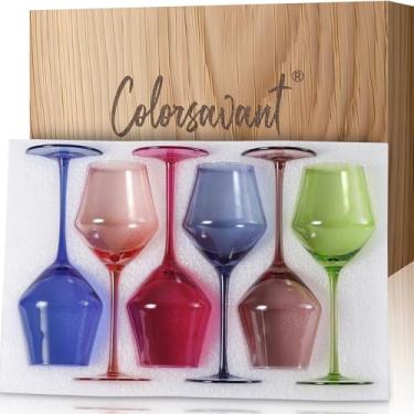 Imagem de Colorsavant Conjunto de taças de vinho coloridas 170.1 – 473.6 g Taça de vinho colorida soprada à mão, conjunto de golbet de cor silenciosa, presentes de vinho exclusivos para mulheres, aniversário