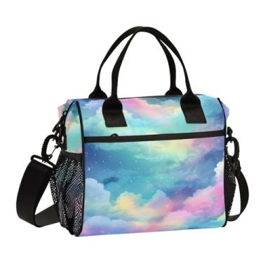 Imagem de GAIGEO Lancheira com isolamento azul e rosa em aquarela com alças, lancheira pequena feminina, lancheira térmica para mulheres, P