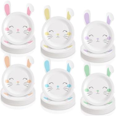 Imagem de Havawish Pacote com 48 pratos de papel para decoração de aniversário de coelhinho macarons para decoração de festa de chá de bebê de coelho da Páscoa, 17,8 cm, pratos descartáveis com orelhas caídas