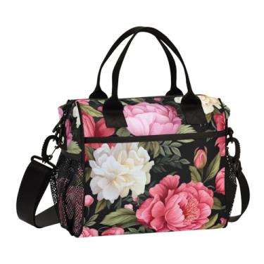 Imagem de GAIGEO Pintura em aquarela, flores de peônia em preto, lancheira isolada, bolsa de almoço, suporte de bebida, lancheira feminina isolada para trabalho, M