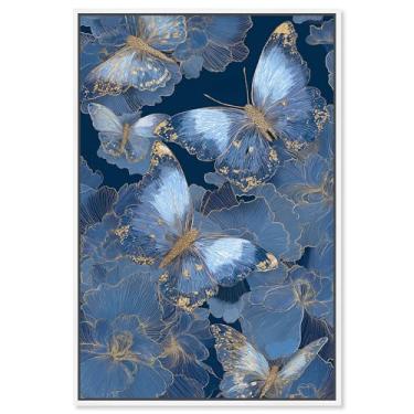 Imagem de Decoração de parede azul com impressão em tela Golden Wings II da Art Remedy, moldura branca, 50 x 76 cm