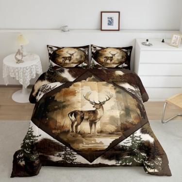 Imagem de Homewish Conjunto de edredom de cervo fofo, tamanho king, 3 peças, estilo aquarela, árvores da selva, para crianças, adolescentes e adultos, estampa de animais selvagens, rústico, casa de fazenda