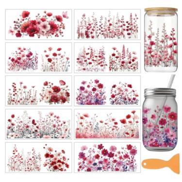 Imagem de arricraft 10 folhas UV DTF Cup Wrap para vidro de 473 g, flores silvestres vermelhas aquarela agrupamento de adesivos de transferência de PVC para copos DIY Funiture de madeira 24 x 11 cm/9,4 x 4,3