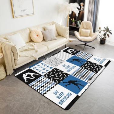 Imagem de Castle Fairy Tapete temático de luta livre 100 cm x 150 cm x 1 cm silhueta de jogadores esportivos jogo moderno tapete antiderrapante para sala de estar azul preto cinza branco listras xadrez interior