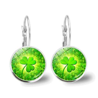 Imagem de Brinco feminino de trevo de quatro folhas para o dia de São Patrício, simples, gota da sorte, delicado, pequeno, pingente de argola, trevo irlandês, trevo verde, flores, acessórios para festivais