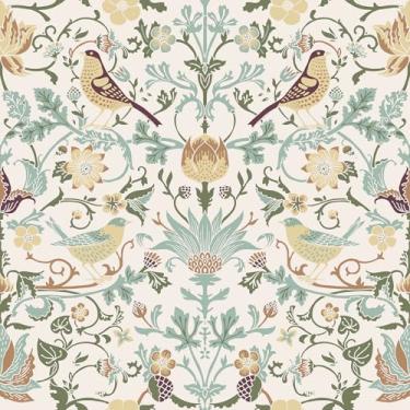 Imagem de EPPKILY Papel de parede William Morris Descasque e cole pássaros vintage papel de parede floral boho floral autoadesivo removível papel de contato botânico para quarto, sala de estar, armários, forro