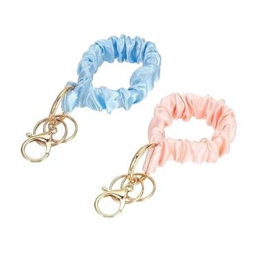 Imagem de 2 peças de cordão elástico Scrunchie para mulheres, pulseira ajustável e pulseira para chaves, crachás de identificação, telefone, laço de cabelo elástico macio com clipe de metal seguro, azul claro