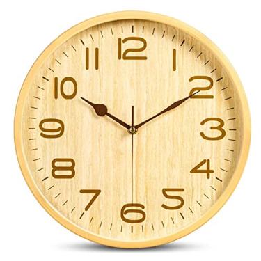 Imagem de Relógio de parede de madeira, relógios de parede redondos silenciosos, operados por bateria, HD, vidro, decorativo, casa, cozinha, sala de estar, quarto, quarto infantil, escritório