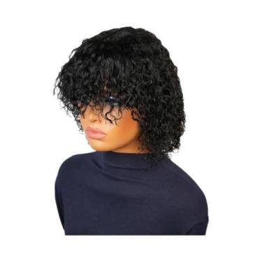Imagem de Peruca De Cabelo Humano Cacheado Kinky Curly Preto Borgonha Com Franja