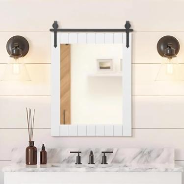 Imagem de Besdomus Espelho de parede de casa de fazenda: 55,88 cm x 76,2 cm porta de celeiro branco moldura de madeira maciça espelho de vaidade - decoração de casa rústica para banheiro/sala de estar/corredor