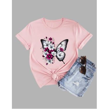 Imagem de Camiseta Tshirt Feminina Algodão Borboleta E Flores Branca - MB Sport,