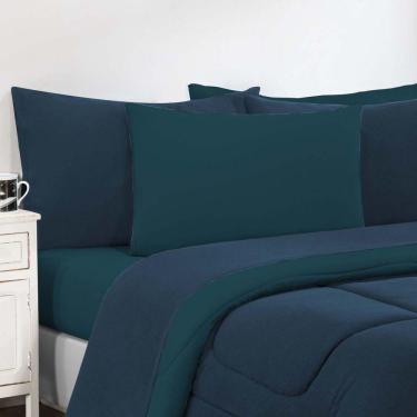 Imagem de Kit Edredom + Jogo De Lençol Malha 100% Algodão Gran Moratta 4 Peças Solteiro - Azul Marinho-azul Petróleo.