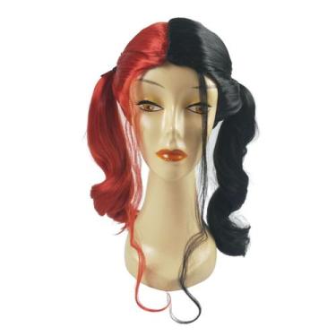 Imagem de Peruca de cosplay Harleys Quinns Long Curl sintética preta+vermelha - 