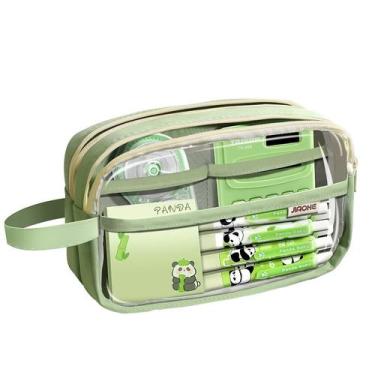 Imagem de Estojo de lápis transparente de tela de grande capacidade, cor verde -