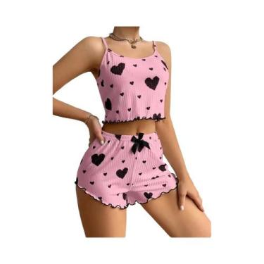 Imagem de Conjunto De Pijama Feminino Com Estampa De Coração, Top Cami E Shorts,