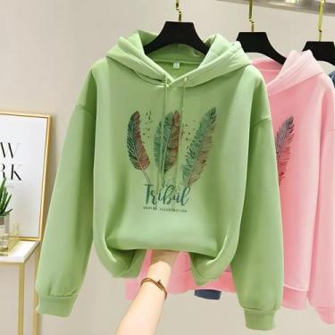 Imagem de Moletom estampado em penas feminino, moletom solto de veludo, moda cas