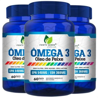 Imagem de 3 Potes Ômega 3 Óleo de Peixe Kit 180 Cáps Fonte Verde