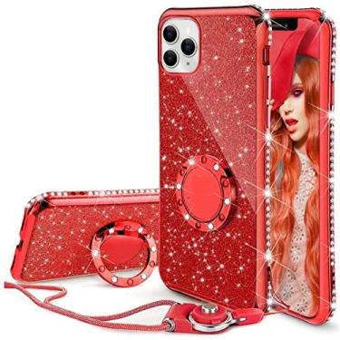 Imagem de Capa de diamante para iphone 11 pro max xs max xr x capa de cristal glitter bling anel suporte para iphone 12 7 8 plus x capa protetora, cordão de anel vermelho, para iphone12 pro max