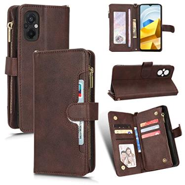 Imagem de Capas de telefone de negócios de moda de luxo compatíveis com Xiaomi Poco M5 Poco M 5 capa de couro com zíper 6 compartimentos para cartão clipe carteira à prova de choque capa de telefone (marrom, Xiaomi Poco M5)