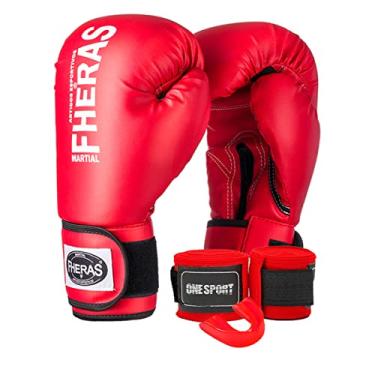 Imagem de Kit Boxe Muay Thai Luva Fheras + Protetor Bucal + Bandagem (12oz, Red)