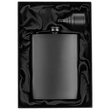 Imagem de Frasco preto fosco de 227 g + funil preto + bolsa de lona preta. Superfície lisa e lisa. Conjunto de ideias de presente, embalagem chique exclusiva. Frascos de álcool para bebidas alcoólicas. Presente