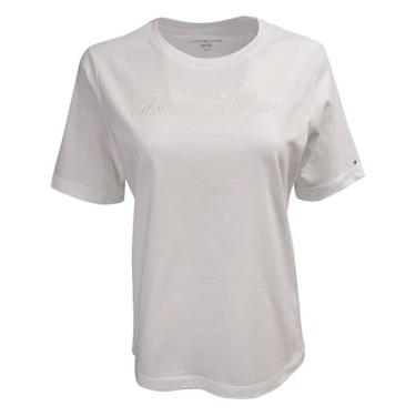Imagem de Tommy Hilfiger Camiseta feminina de algodão de desempenho – Camisetas estampadas leves, Branco (Nyc bordado), M