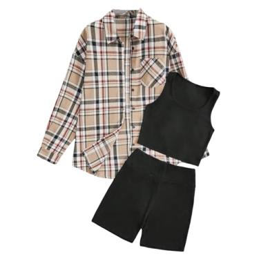 Imagem de Verdusa Camiseta regata e shorts xadrez solta de 3 peças para meninas, cáqui preto, 12-13Y