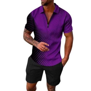 Imagem de Conjunto masculino de 2 peças, conjunto de camisa polo de manga curta e shorts para férias de verão para homens, A#_roxo, 3G
