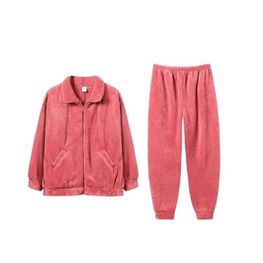 Imagem de LUBOSE Pijama longo feminino, conjunto de pijama grosso de flanela, pijama de duas peças, conjunto de pijama casual de manga comprida (M, vermelho mei)