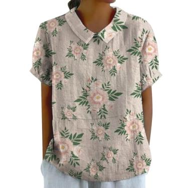 Imagem de Camiseta feminina floral com gola de boneca, manga curta, caimento solto, casual, elegante, camiseta de verão, Caqui, GG