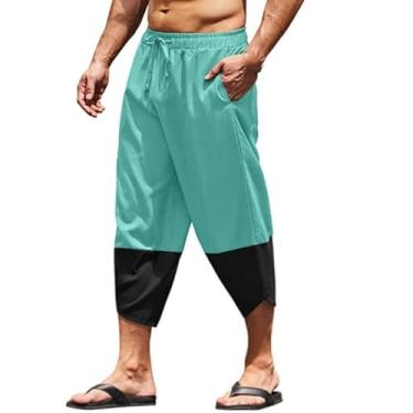 Imagem de Bowake Calça capri masculina de algodão e linho com cordão, pernas largas, capris masculinas, bolso de verão, praia, cintura elástica, E1*verde, 3G