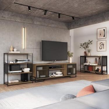 Imagem de Sala de Estar Completa com 3 Itens Rack Tv 60 Polegadas com Porta Industrial, Estante e Aparador Tel Preto/Mel