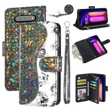 Imagem de Dibosom Capa carteira floral para LG V60 ThinQ V60ThinQ 5G G9 Thin Q com alça de pulso alça de ombro flip zíper bolsa porta-cartão, suporte glitter Bling capa de celular para LGV60 V 60 60ThinQ 60V