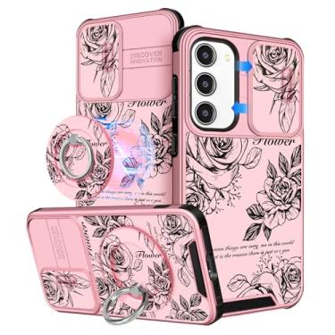 Imagem de Buleens Capa para Samsung Galaxy S23 de 6,1 polegadas - com suporte de anel e capa de câmera estética fofa projetada para mulheres meninas lindas rosas flores para Samsung S23 capa compatível com