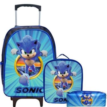 Imagem de Kit Mochila Rodinhas + Lancheira + Estojo Sonic Azul - Envio Rápido - 