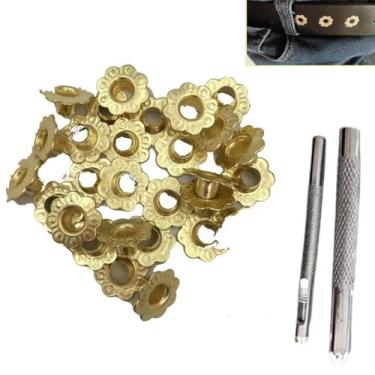Imagem de DraCra Pacote com 100 ilhós, ilhós, formato de flor, orifício dourado de 5 mm, com ferramenta de montagem de punção de pressão, para scrapbook, cartões, artesanato, cinto, sapatos, roupas, jaqueta,