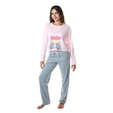 Imagem de Pijama Inverno Gato Feminino Longo 100% Algodão - Empório do Algodão, 