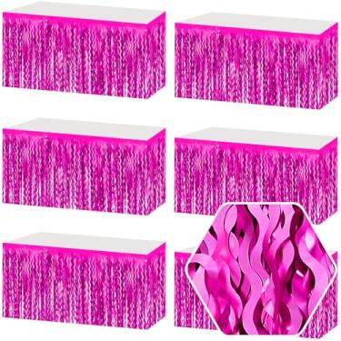 Imagem de Pacote com 6 saias de mesa com franja ondulada vermelha rosa 73 cm x 275 cm faixa metálica para decoração de guirlanda de tinsel para boias de desfile, dia das mães, Páscoa, casamento, decoração de