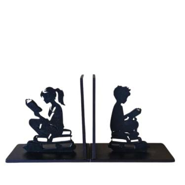 Imagem de Suporte Aparador de lIvros Decorativo Menina e Menina Organizador Bibliocanto Madeira Preta Geek Porta Livros