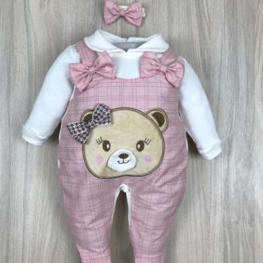 Imagem de Macacão bebê menina e menino jardineira com laço bordado confortável -