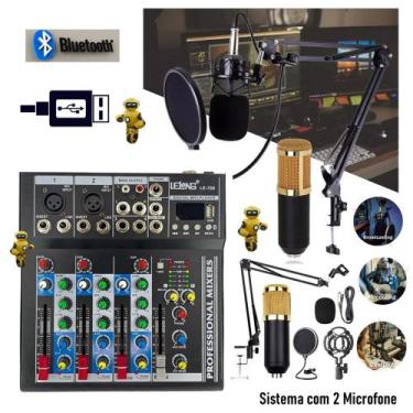Imagem de Setup podcast mesa interface USB com 2 microfones condensador e braços