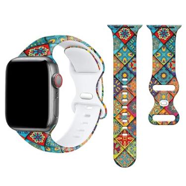 Imagem de Pulseiras esportivas de flor étnica compatíveis com Apple Watch de 38 mm/40 mm/41 mm, pulseiras de substituição de silicone ajustáveis para Apple Watch SE/séries 7/6/5/4/3/2/1