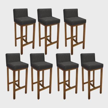 Imagem de Kit 07 Banqueta Alta Com Encosto Loren Cozinha Balcão Bistrô Base Madeira Carvalho Tecido Sintético Cinza - Ahz Móveis