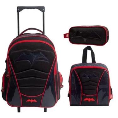 Imagem de Kit Mochila Escolar De Rodinhas + Lancheira E Estojo Yins Pvc Holografico Batman
