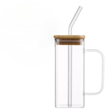 Imagem de Jogo 2 Copos Com Tampa De Bambu E Canudo 300ml Caneca De Vidro(TRANSPARENTE)