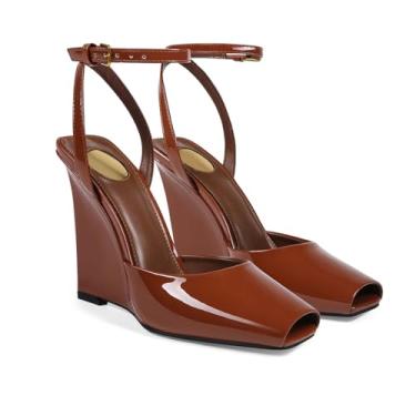 Imagem de USRUNOE Sandálias femininas quadradas Peep Toe com tira no tornozelo – Salto plataforma de couro envernizado para festas, casamentos, noites, Laranja, 37